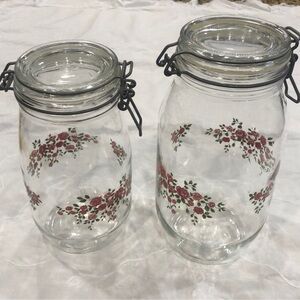 Vintage Arc France Pink Rose canisters 80's Glass Storage Jars with Lids